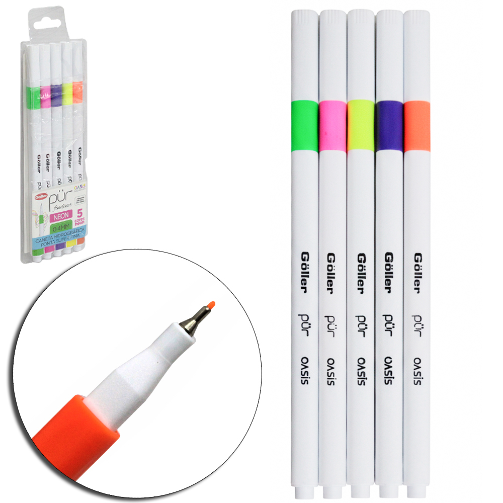CANETA HIDROGRAFICA PONTA SUPER FINA 0.4MM PUR FINELINER NEON OASIS COLLECTION COM 5 PECAS