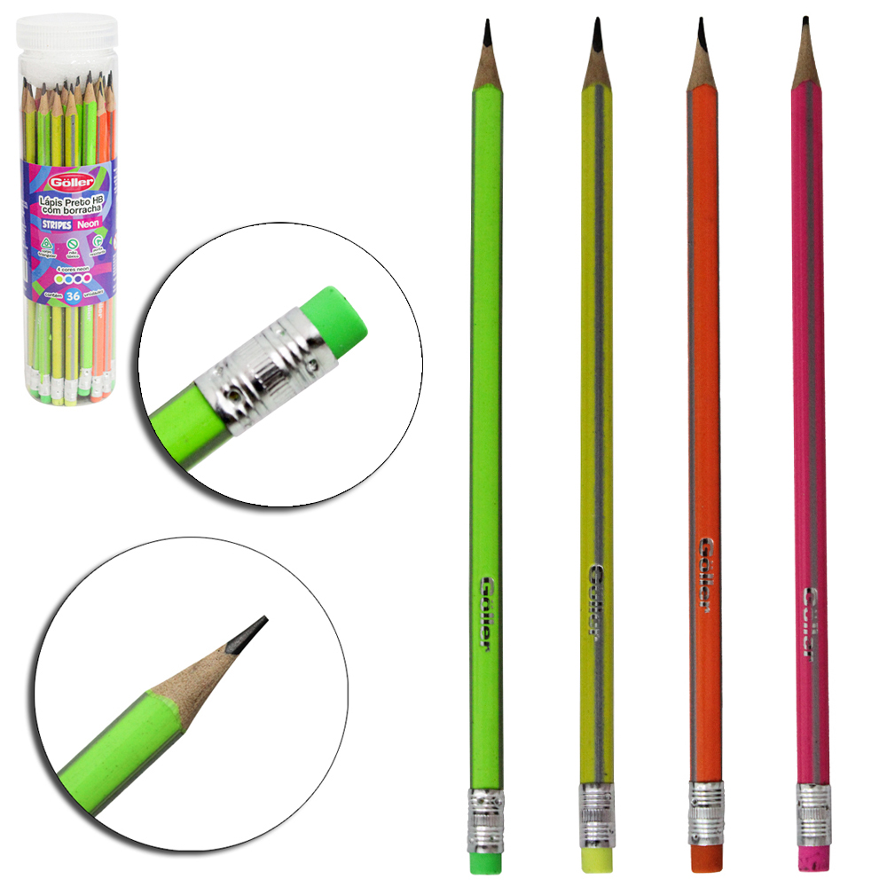 LAPIS GRAFITE HB TRIANGULAR COM BORRACHA STRIPES NEON COM 36 PECAS 19CM NO TUBO