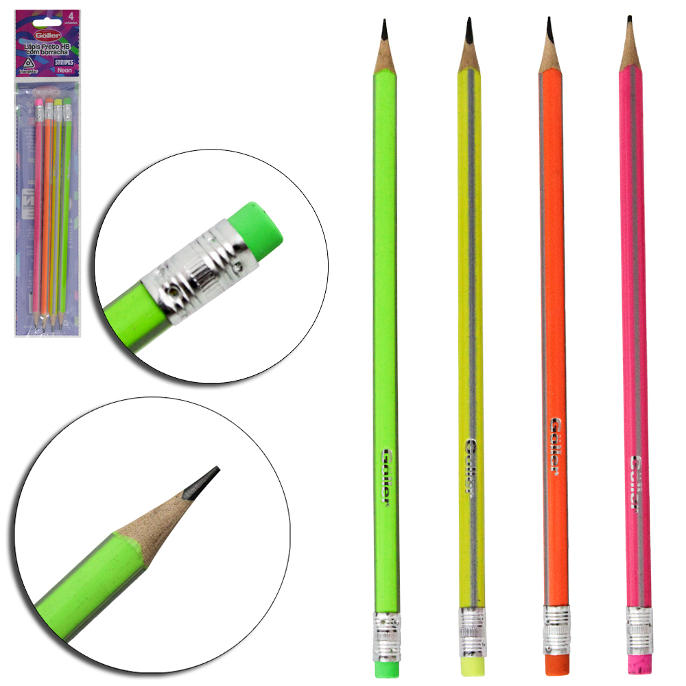 LAPIS GRAFITE HB TRIANGULAR COM BORRACHA STRIPES NEON COM 4 PECAS 19CM