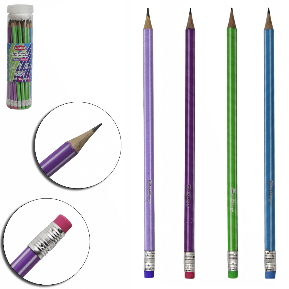 LAPIS GRAFITE HB SEXTAVADO COM BORRACHA STRIPES PASTEIS COM 36 PECAS 19CM NO TUBO