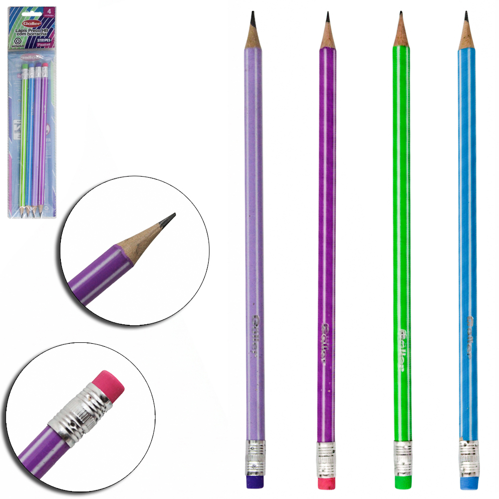 LAPIS GRAFITE HB SEXTAVADO COM BORRACHA STRIPES PASTEIS COM 4 PECAS 19CM