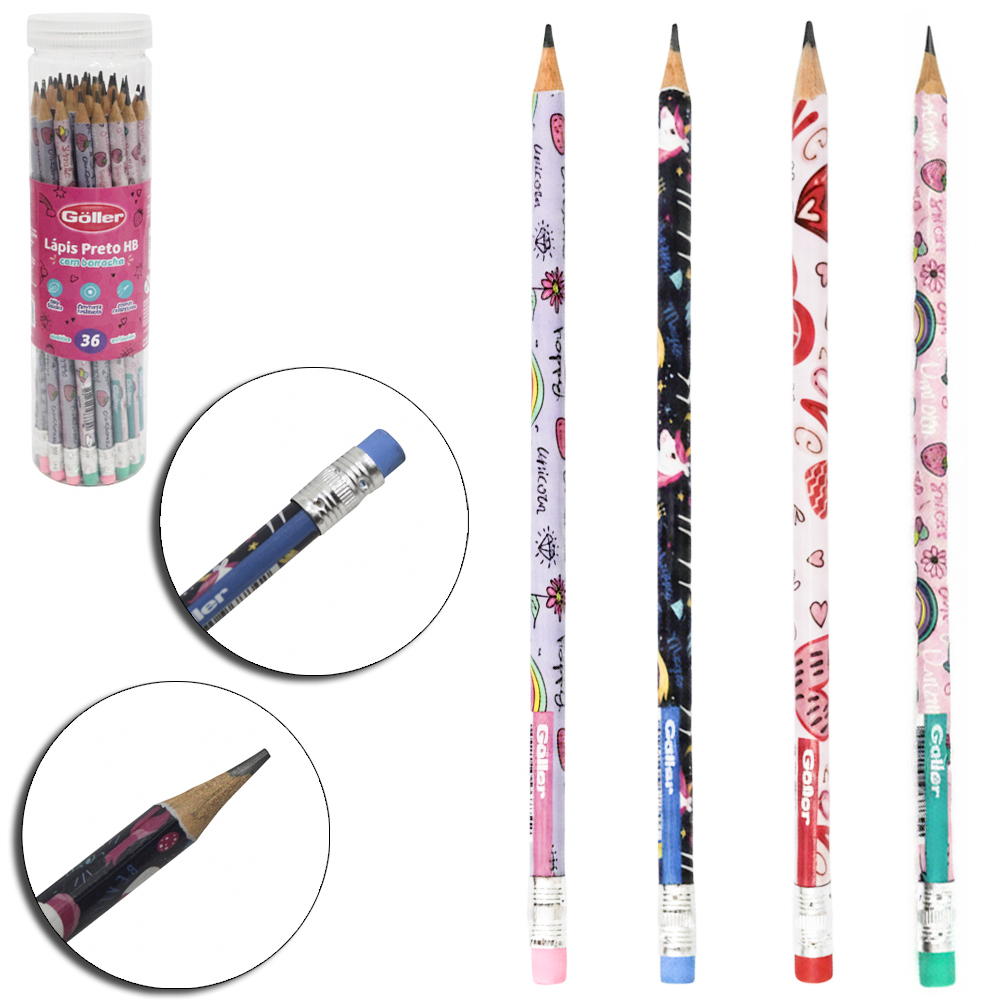 LAPIS GRAFITE HB REDONDO COM BORRACHA SORTIDOS COM 36 PECAS 19CM NO TUBO