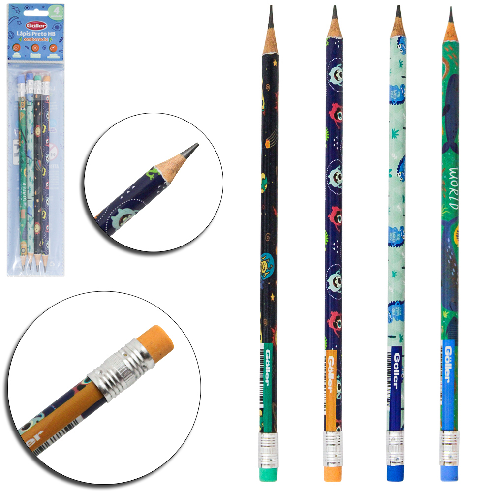 LAPIS GRAFITE HB REDONDO COM BORRACHA SORTIDOS COM 4 PECAS 19CM