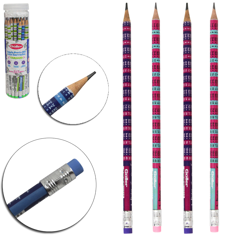 LAPIS GRAFITE HB REDONDO TABUADA COM BORRACHA COM 36 PECAS 19CM NO TUBO