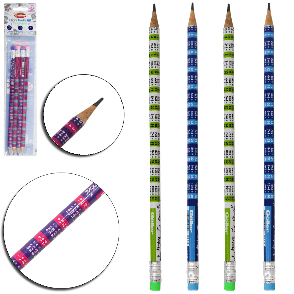 LAPIS GRAFITE HB REDONDO TABUADA COM BORRACHA COM 4 PECAS 19CM