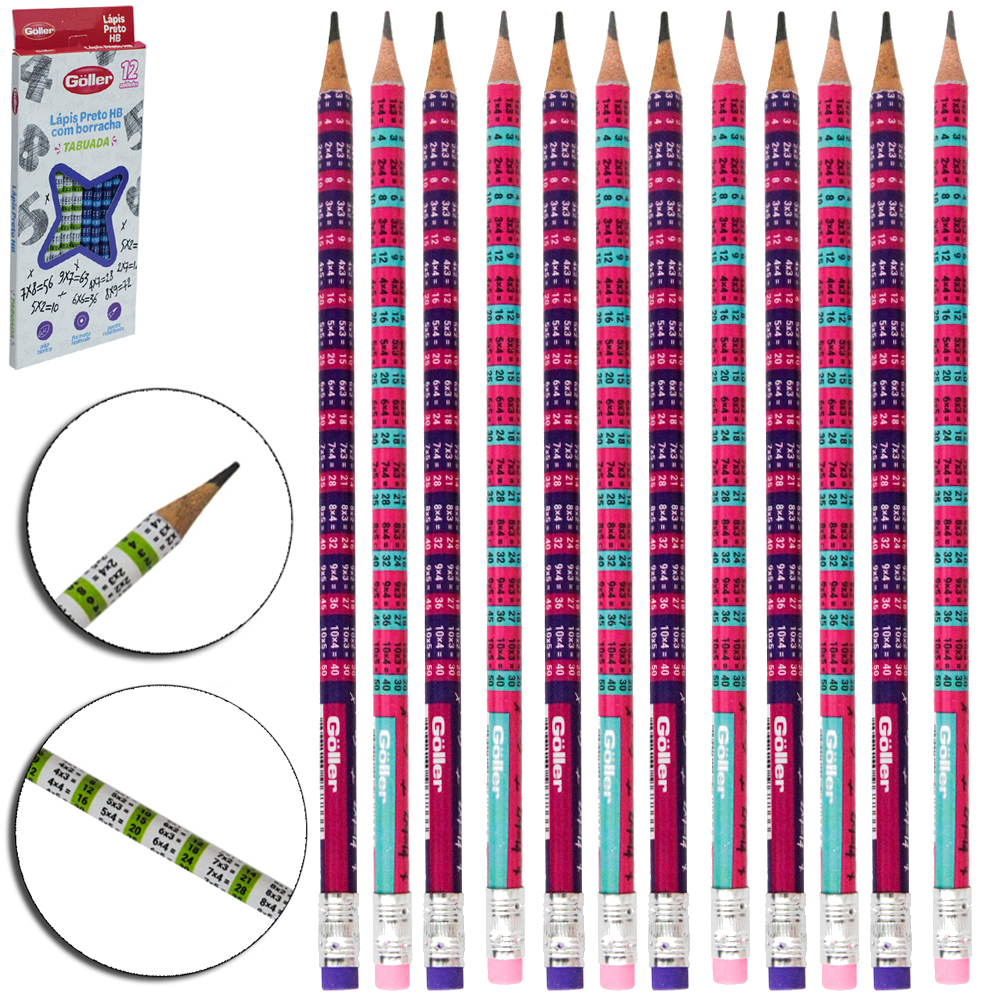 LAPIS GRAFITE HB REDONDO TABUADA COM BORRACHA COM 12 PECAS 19CM