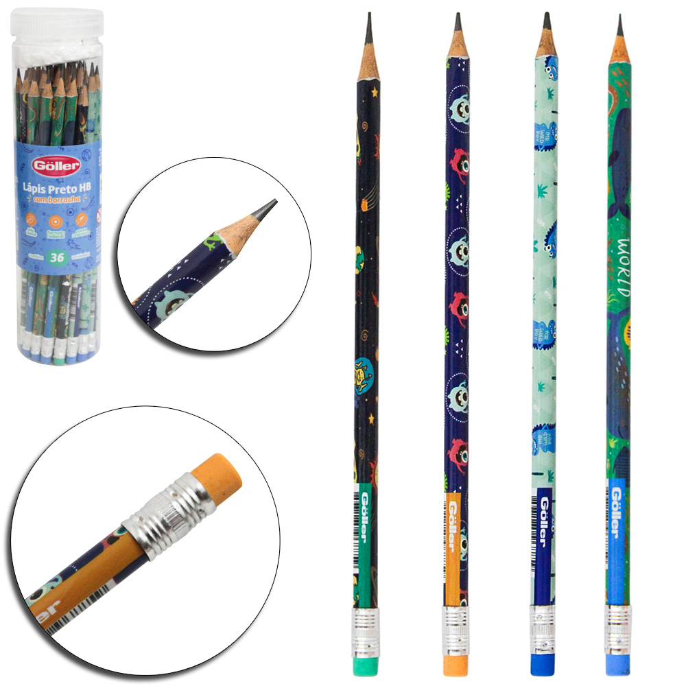 LAPIS GRAFITE HB REDONDO COM BORRACHA SORTIDOS COM 36 PECAS 19CM NO TUBO