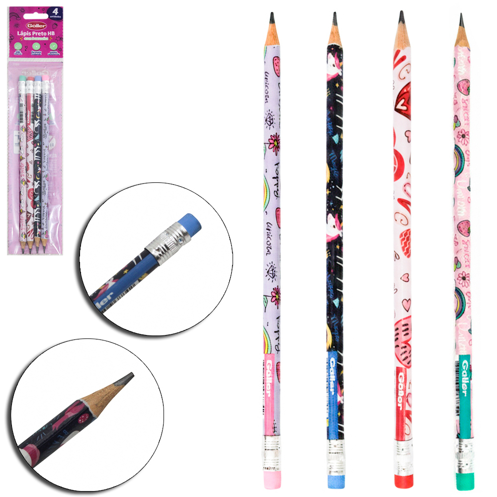 LAPIS GRAFITE HB REDONDO COM BORRACHA SORTIDOS COM 4 PECAS 19CM