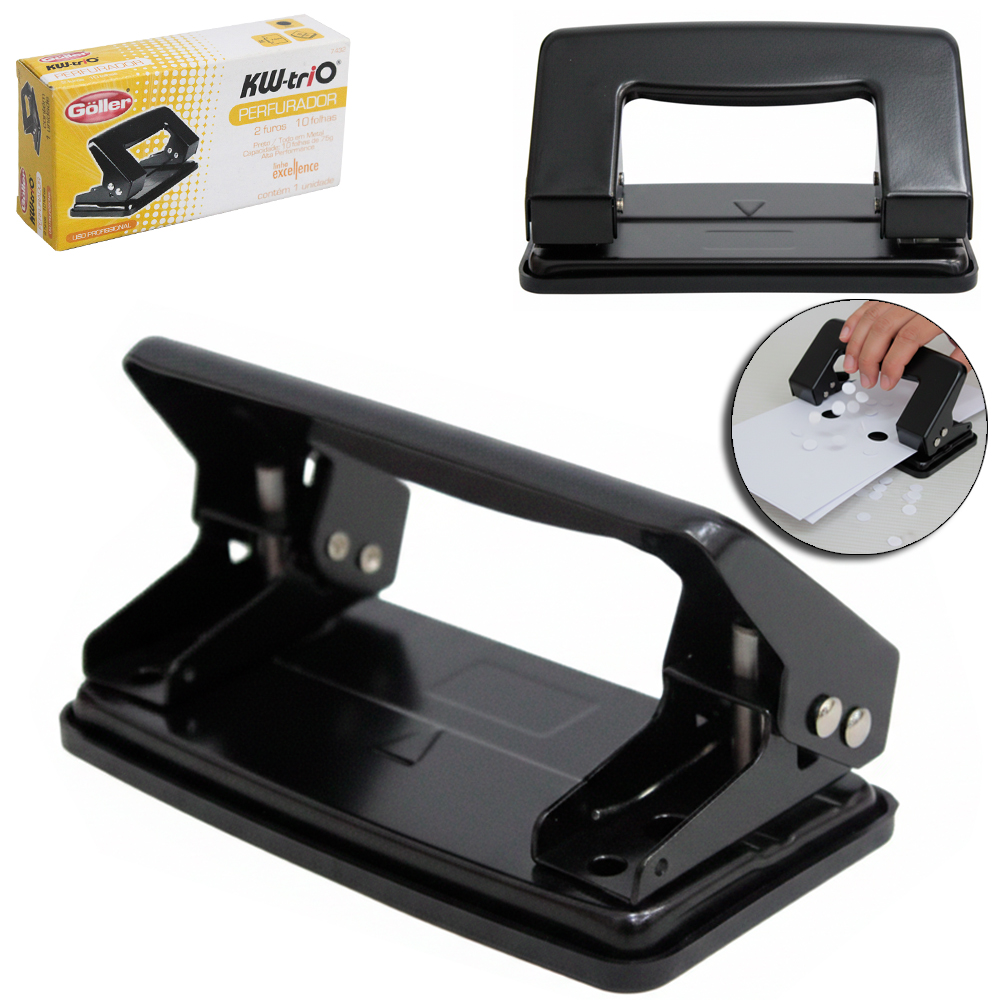 PERFURADOR DE PAPEL DE METAL DUPLO FURO PRETO 10,5X6X3,5CM
