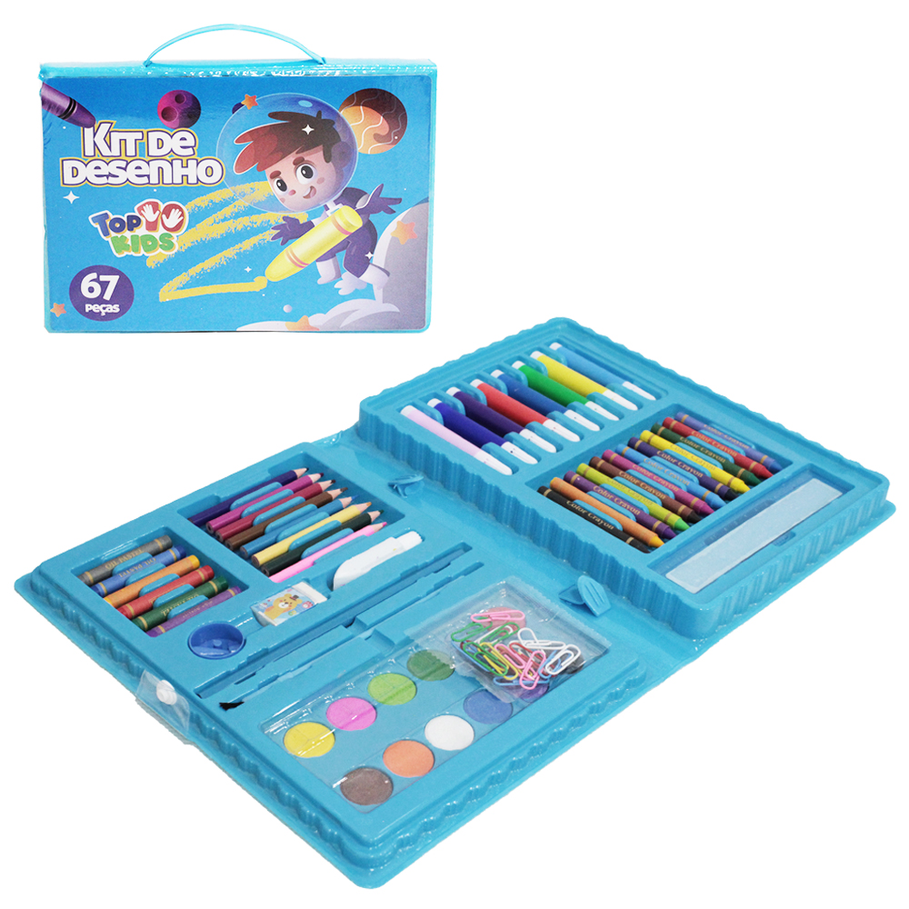 ESTOJO MALETA ESCOLAR PINTURA COM GIZ DE CERA + APONTADOR E ACESSORIOS TOP KIDS 67 PECAS