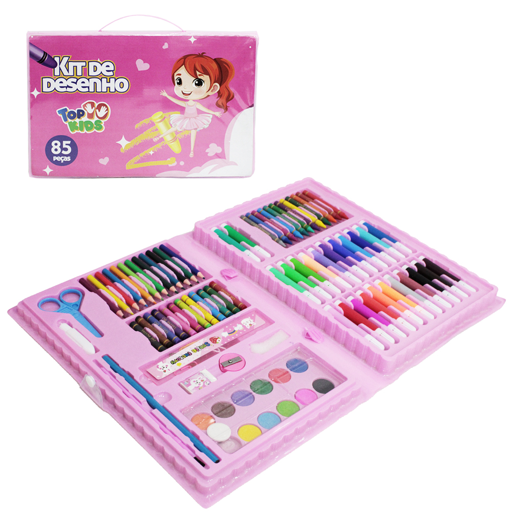 ESTOJO MALETA ESCOLAR PINTURA COM GIZ DE CERA + APONTADOR E ACESSORIOS TOP KIDS 85 PECAS