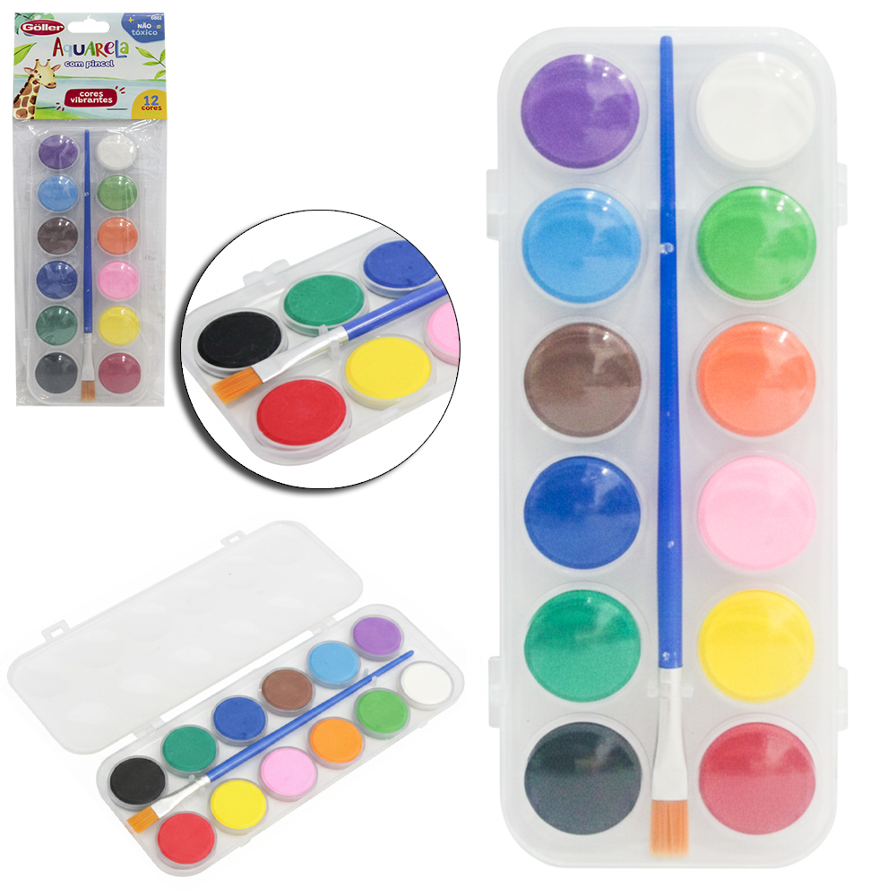 AQUARELA COM 12 CORES VIBRANTES SORTIDAS + PINCEL E ESTOJO