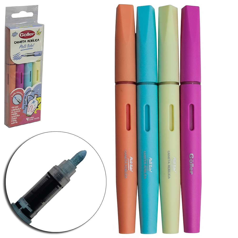 CANETA ACRILICA PINTA TUDO PONTA DOSADORA CORES PASTEL COM 4 PECAS