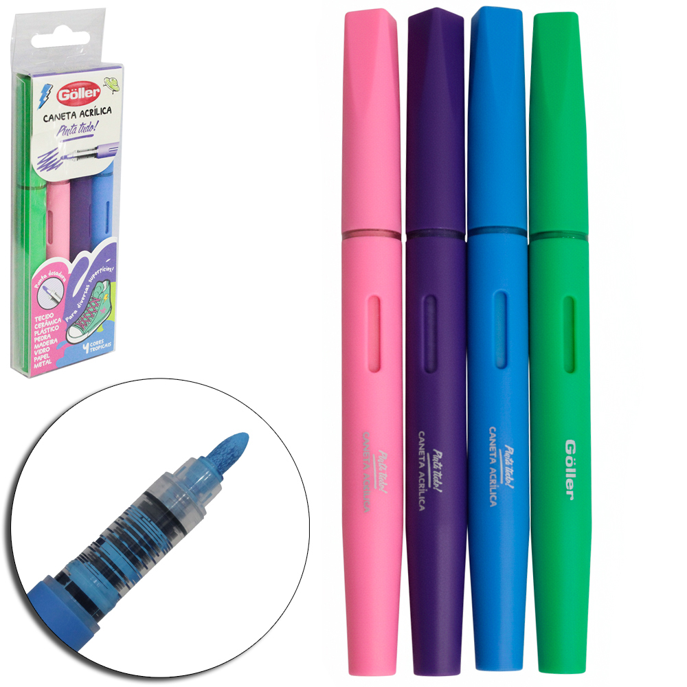 CANETA ACRILICA PINTA TUDO PONTA DOSADORA CORES TROPICAIS COM 4 PECAS