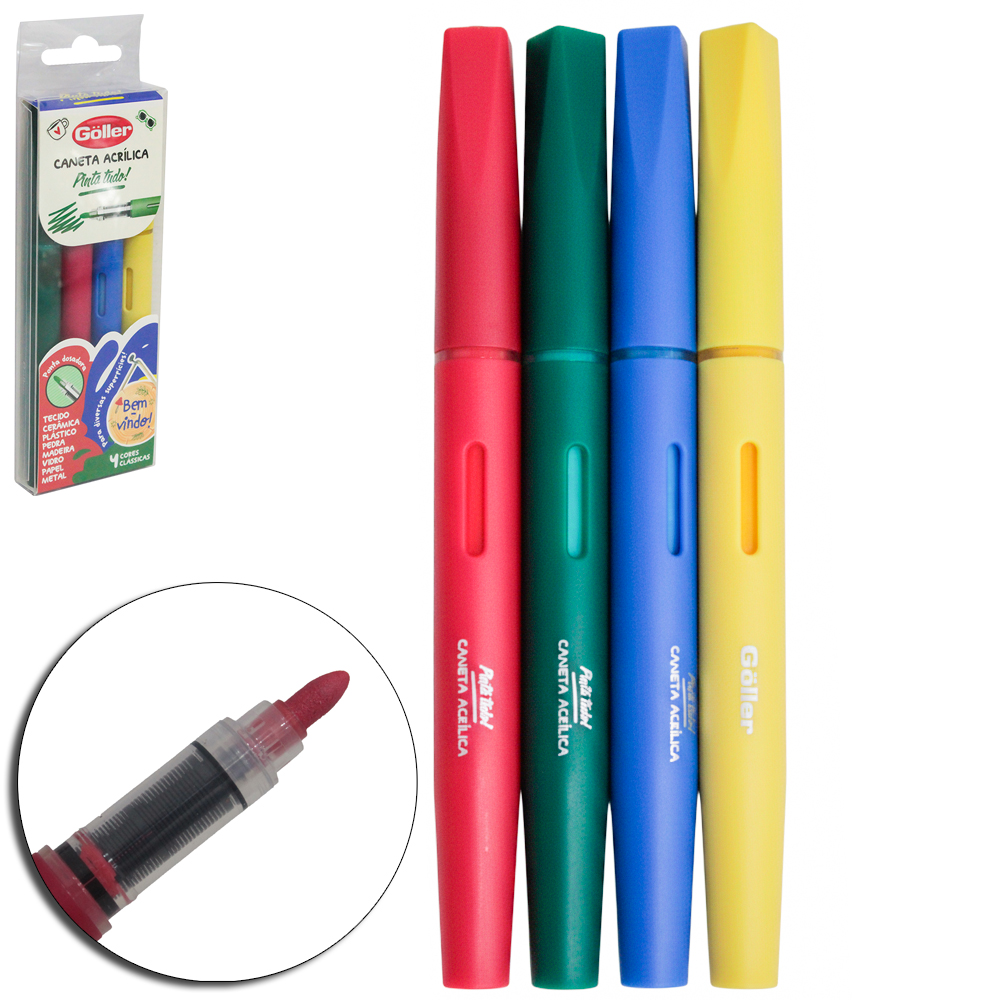CANETA ACRILICA PINTA TUDO PONTA DOSADORA CORES CLASSICAS COM 4 PECAS