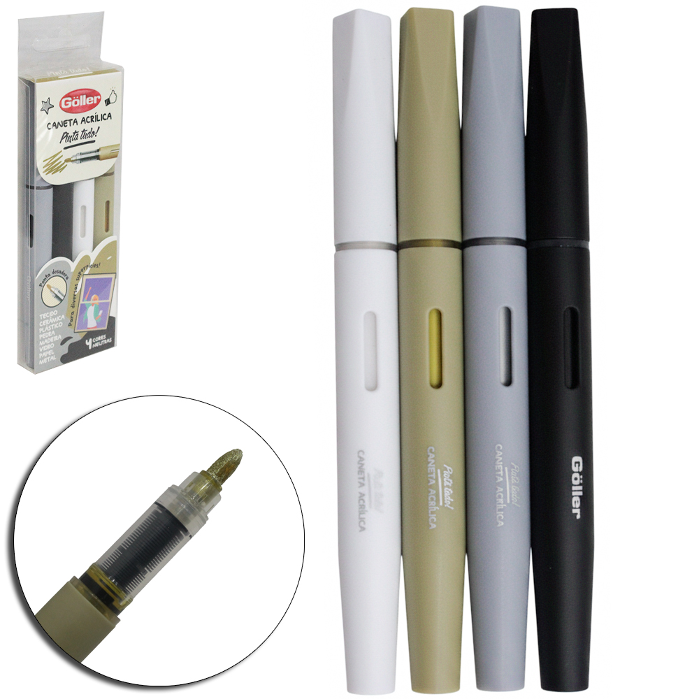 CANETA ACRILICA PINTA TUDO PONTA DOSADORA CORES NEUTRAS COM 4 PECAS