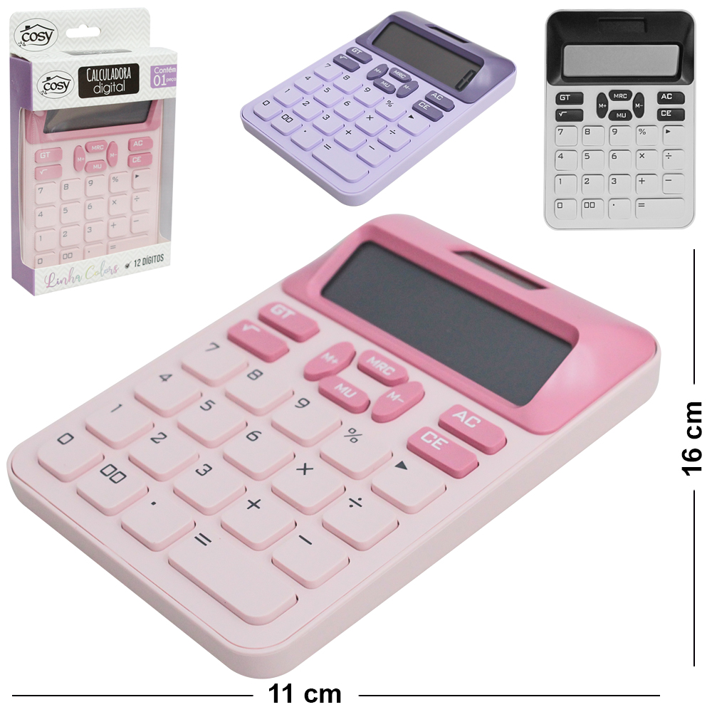 CALCULADORA ELETRONICA 12 DIGITOS COLORS A PILHA / SOLAR 16X11CM