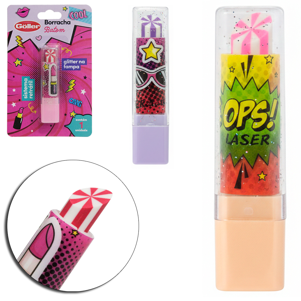 BORRACHA ESCOLAR BATOM COM TAMPA GLITTER RETRATIL