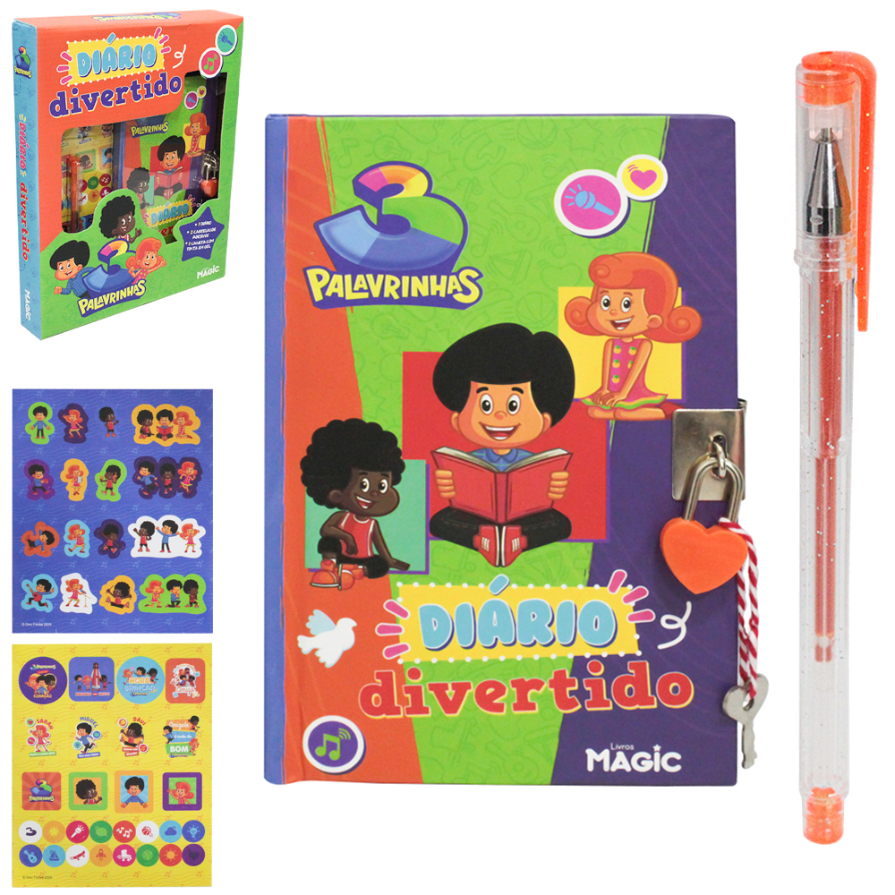 DIARIO 3 PALAVRINHAS DIVERTIDO COM CADEADO + CANETA GEL E ADESIVOS