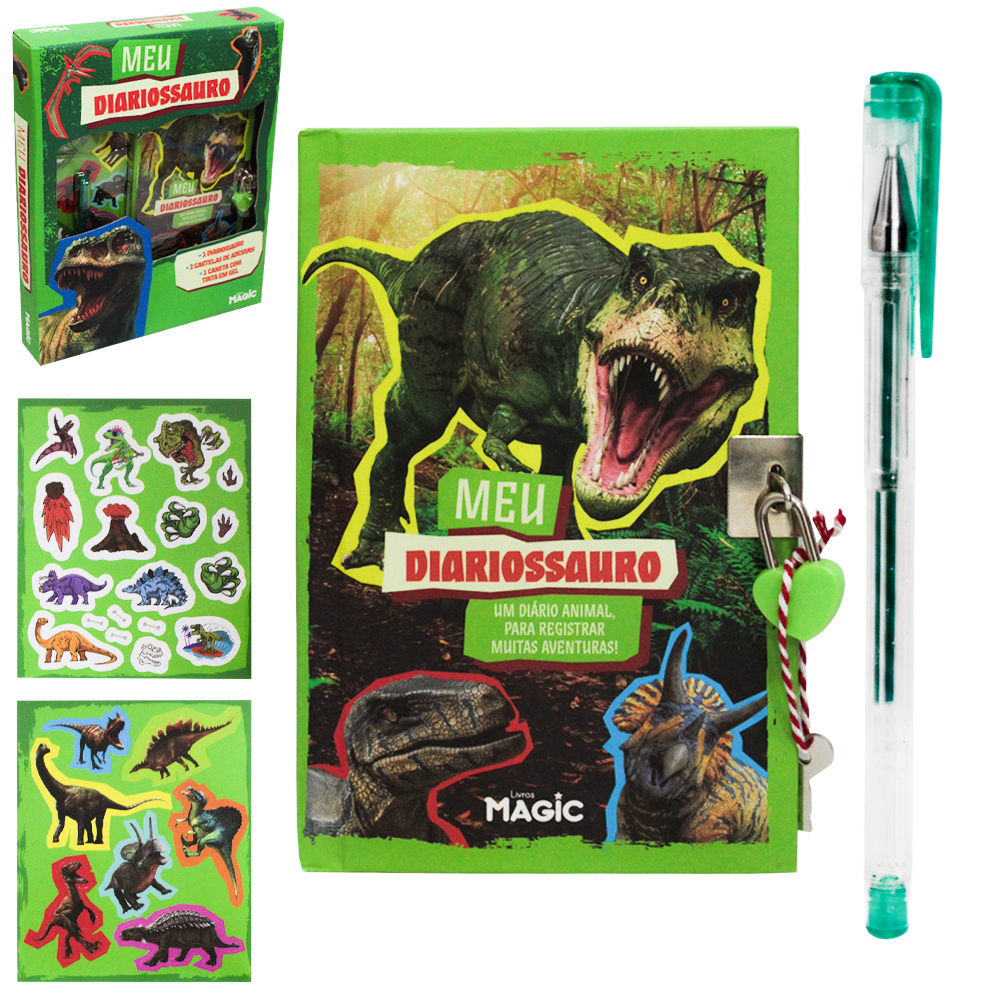 DIARIO MEU DIARIOSSAURO COM CADEADO + CANETA GEL E ADESIVOS