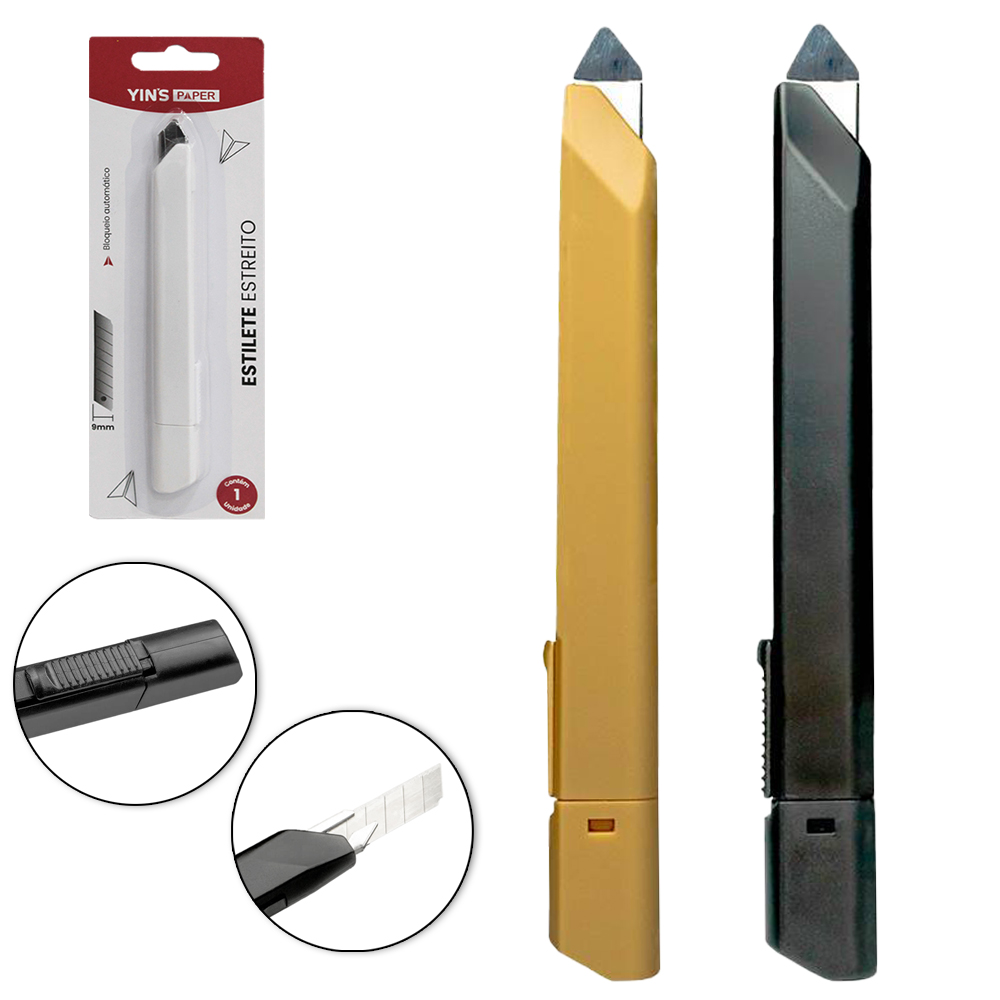 ESTILETE LAMINA ESTREITA 9MM DE PLASTICO BLOQUEIO AUTOMATICO YINS PAPER 14,5CM