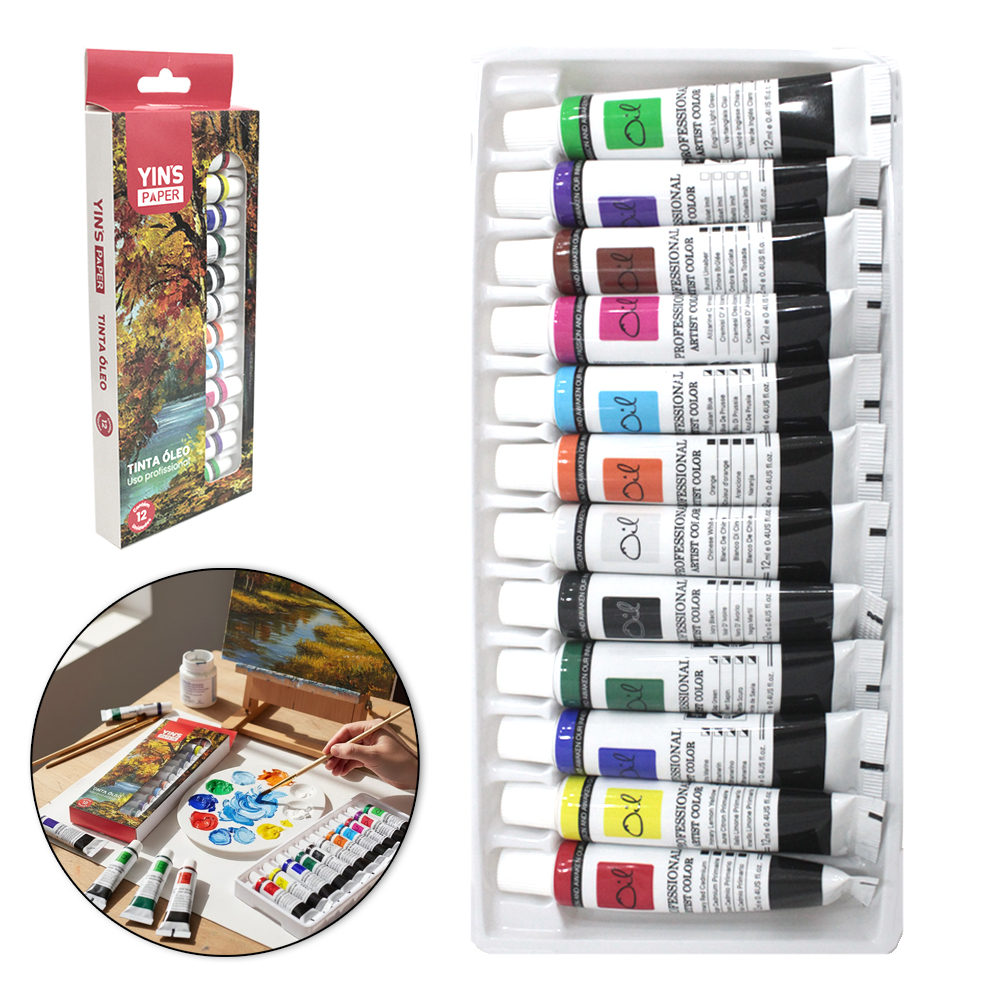 TINTA OLEO USO PROFISSIONAL COM 12 CORES YINS PAPER