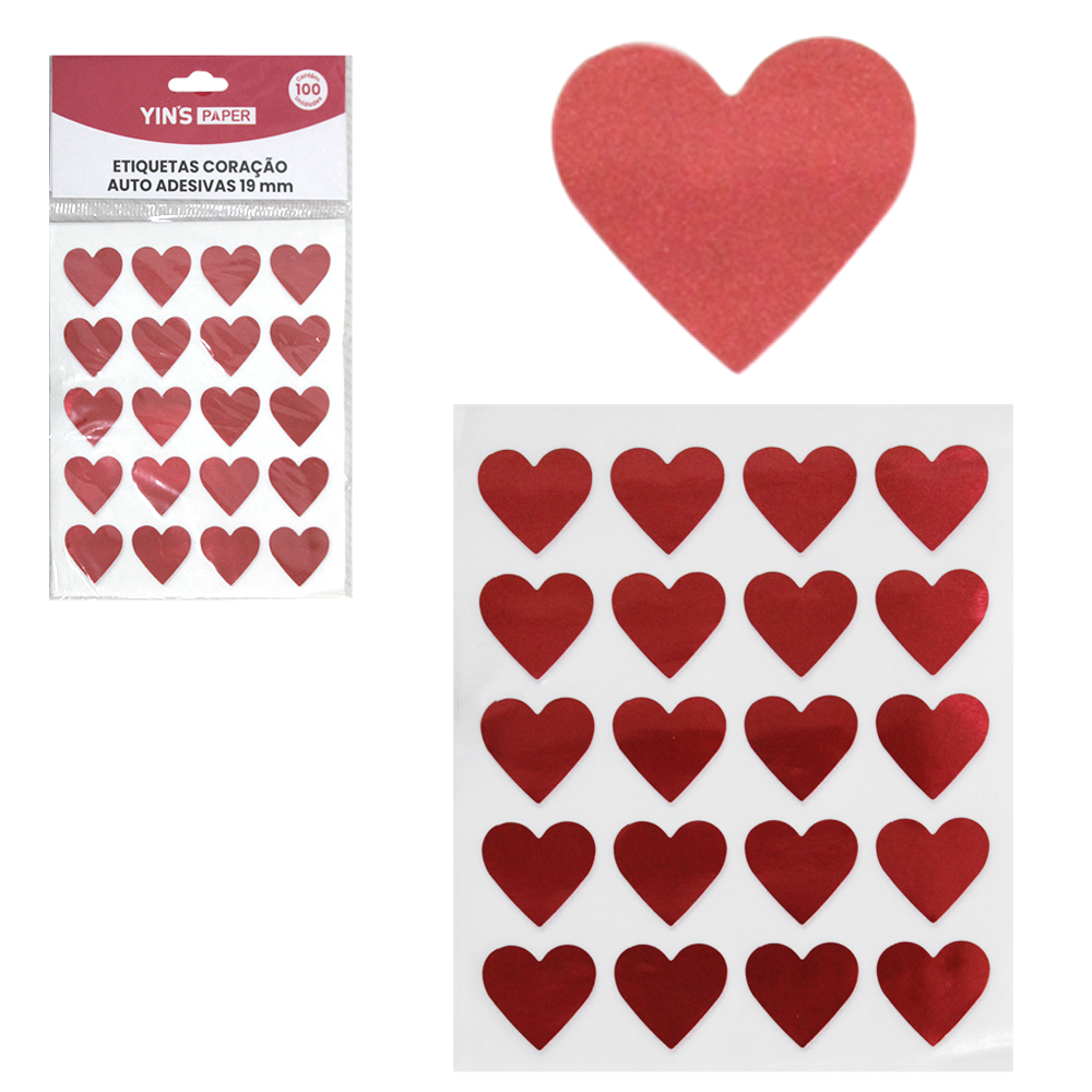 ADESIVO / ETIQUETAS CORACAO VERMELHO YINS PAPER COM 100 PECAS 19MM