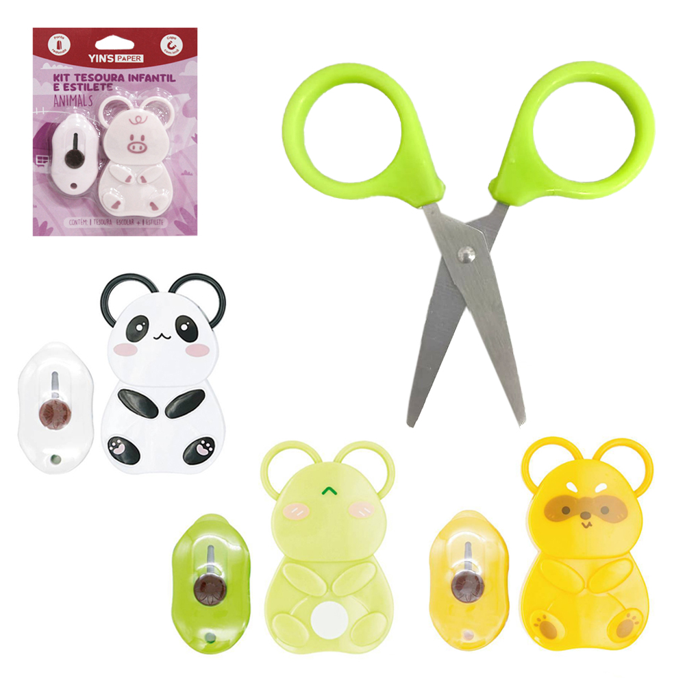 KIT ESCOLAR COM TESOURA PONTA REDONDA DE INOX 3,5'' + PROTETOR MAGNETICO E ESTILETE BICHINHO YINS PAPER