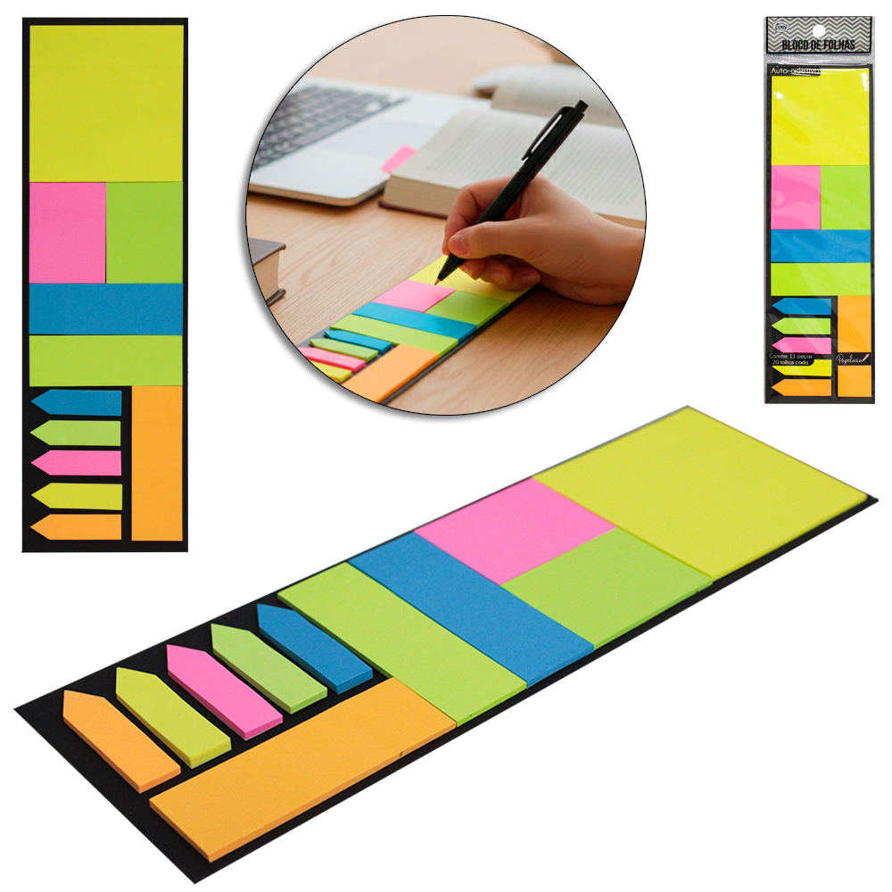 BLOCO DE ANOTACAO STICKER COM MARCADOR DE PAGINA ADESIVO FITA / QUADRADO / RETANGULAR COM 220 FOLHAS