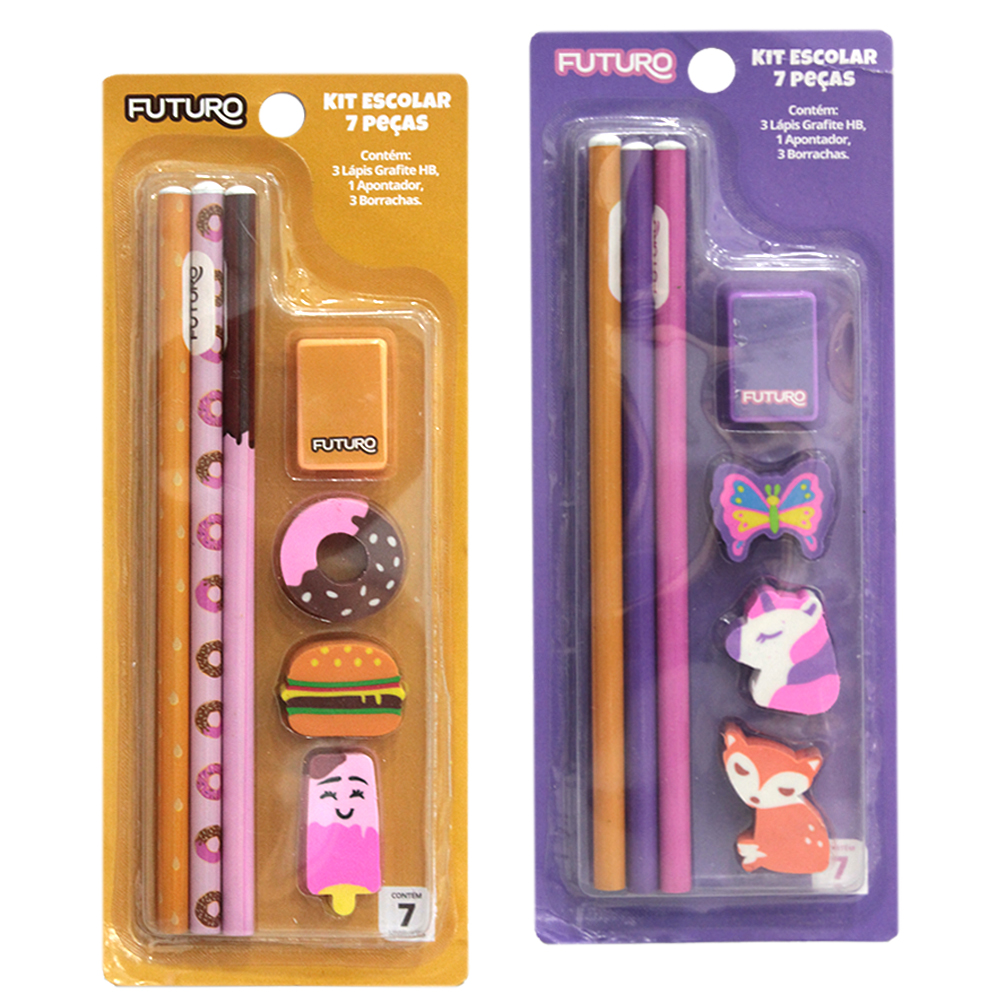 KIT ESCOLAR COM 3 LAPIS GRAFITE HB REDONDO + APONTADOR E 3 BORRACHAS