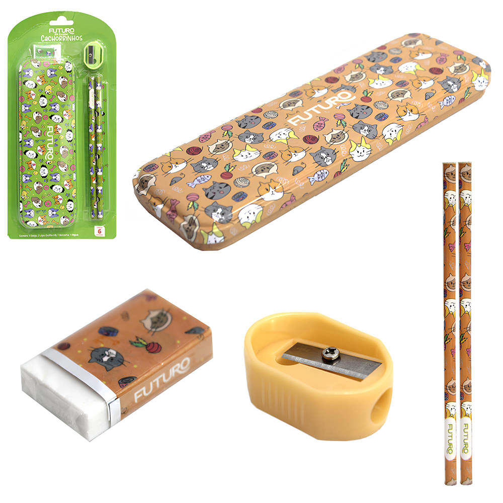 KIT ESCOLAR PETS COM ESTOJO DE METAL / LATA + 2 LAPIS GRAFITE HB REDONDO + BORRACHA E REGUA