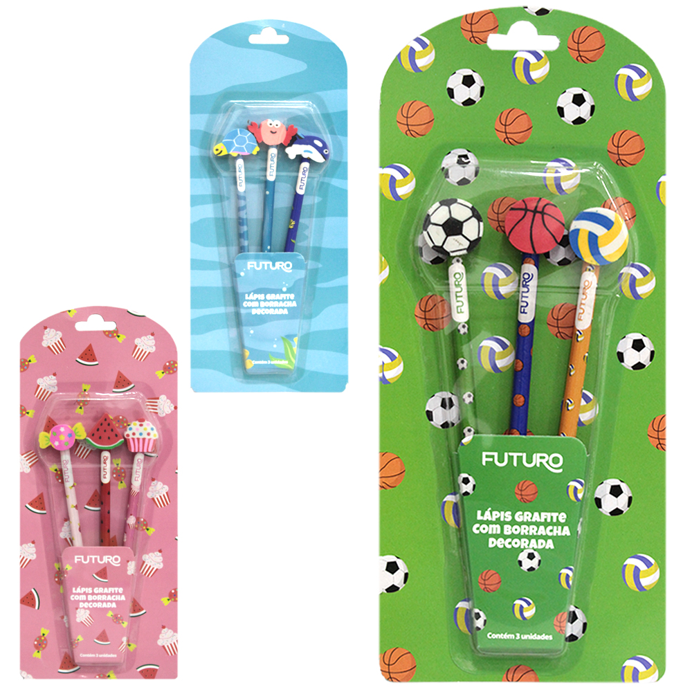 KIT ESCOLAR COM 3 LAPIS GRAFITE HB REDONDO + 3 BORRACHAS PONTEIRA DECORADA