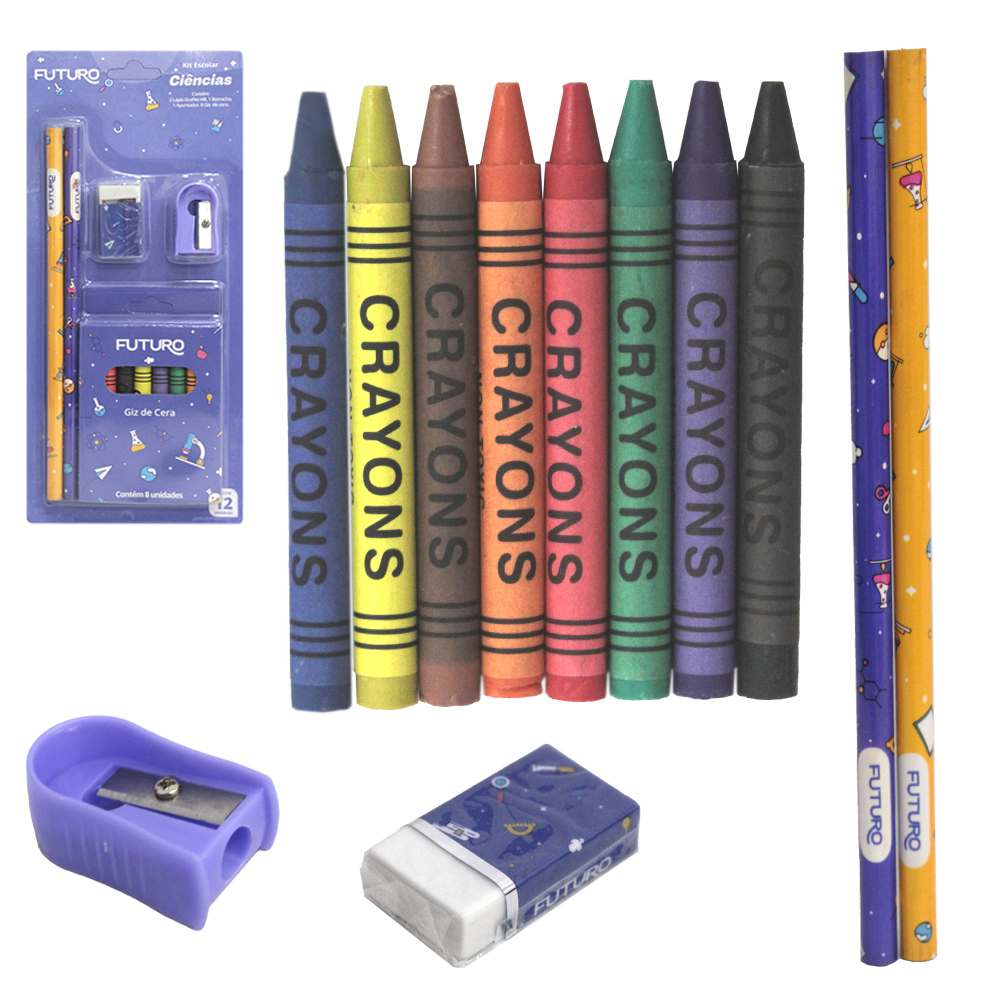 KIT ESCOLAR CIENCIAS COM 8 GIZ DE CERA + 2 LAPIS HB GRAFITE REDONDO + BORRACHA E APONTADOR