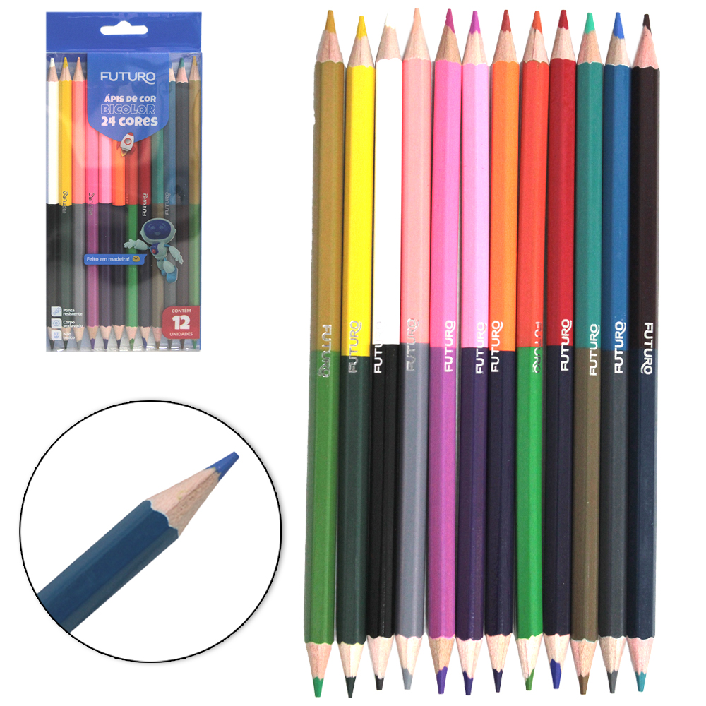 LAPIS DE COR SEXTAVADO BICOLOR COM 24 CORES (12 PECAS)