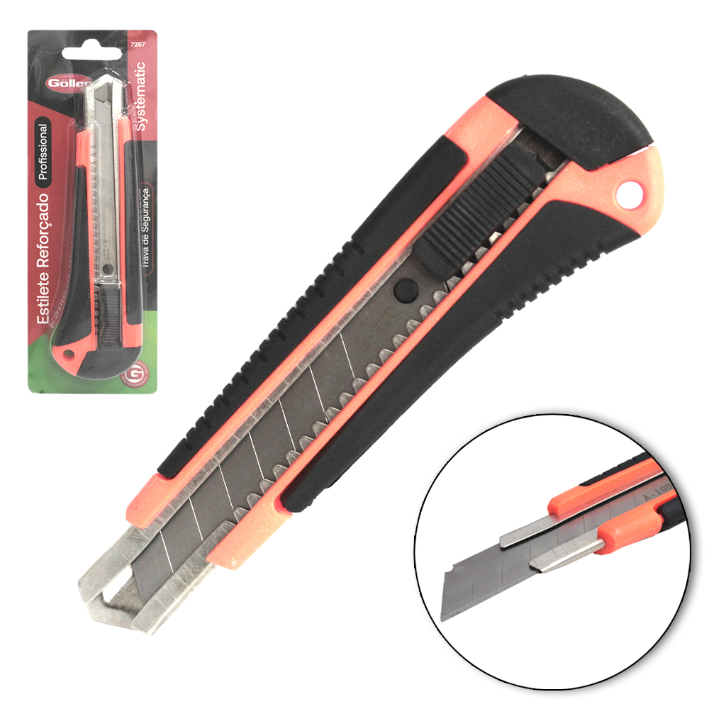 ESTILETE LAMINA LARGA 18MM CABO PLASTICO EMBORRACHADO COM TRILHO METAL REFORCADO PROFISSIONAL SYSTEMATIC 16CM