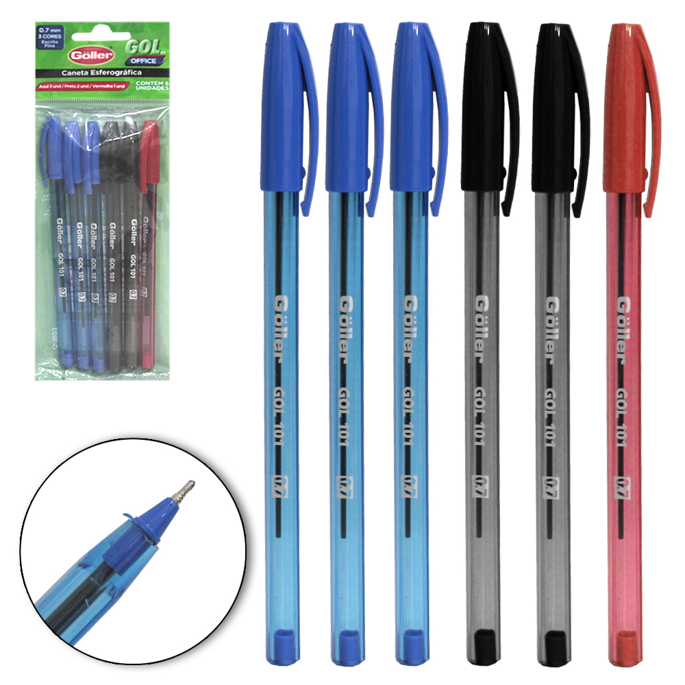 CANETA ESFEROGRAFICA GOL OFFICE AZUL / PRETA / VERMELHA 0.7MM ESCRITA FINA COM 6 PECAS