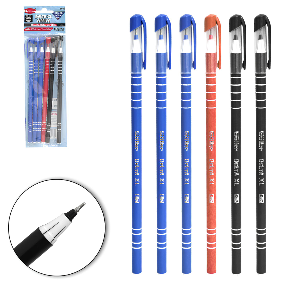 CANETA ESFEROGRAFICA DELTA XL OFFICE AZUL / PRETA / VERMELHA 0.7MM ESCRITA FINA COM 6 PECAS