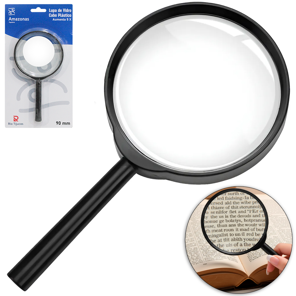 LUPA COM LENTE DE VIDRO 90MM AUMENTA AMPLIA 5X