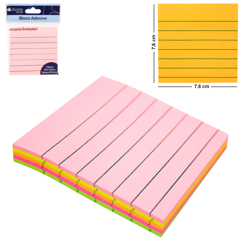 BLOCO DE ANOTACAO STICKER QUADRADO PAUTADO PAPER COM 100 FOLHAS 7,6CM