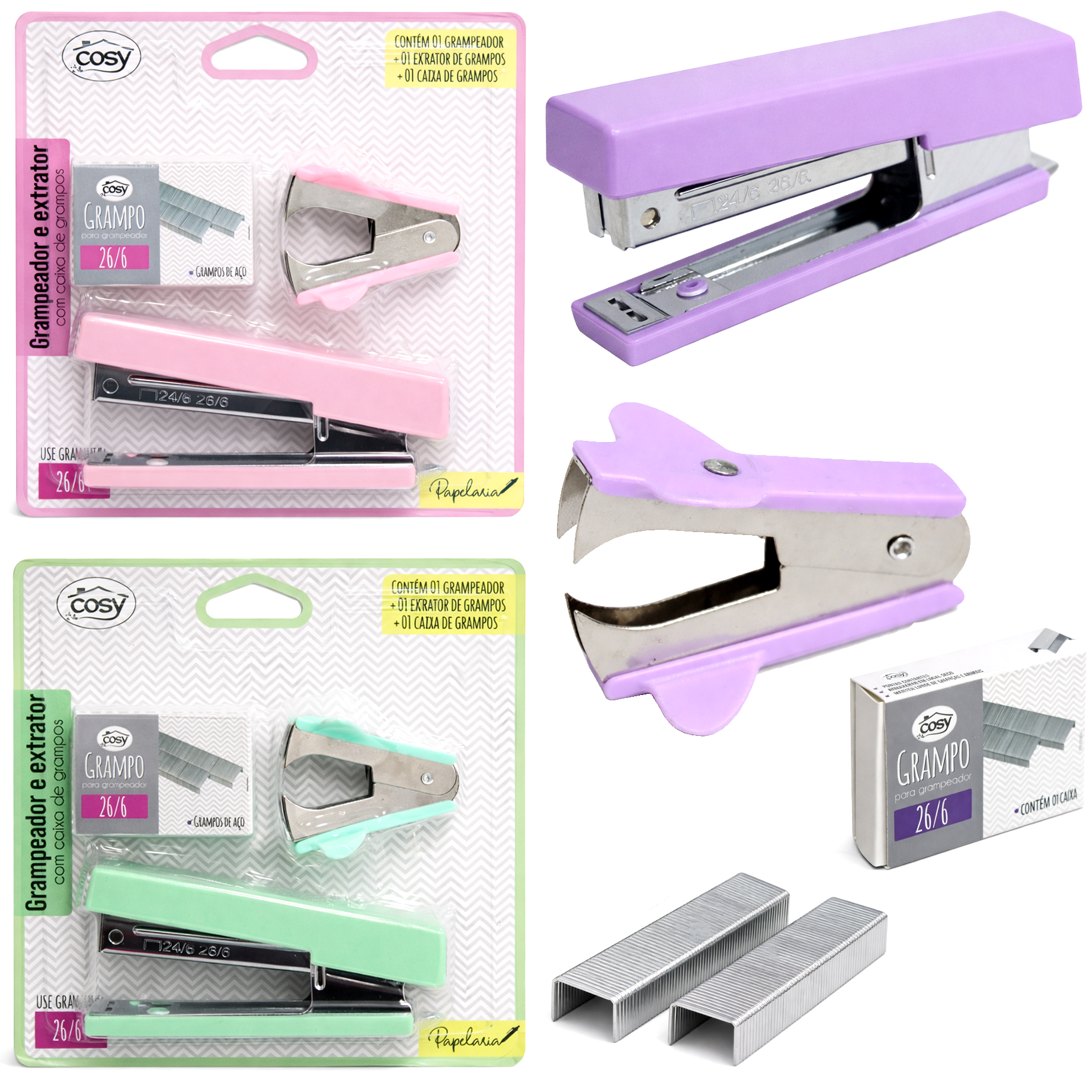 GRAMPEADOR E EXTRATOR COM CAIXA DE GRAMPOS 26/6 KIT 3 EM 1