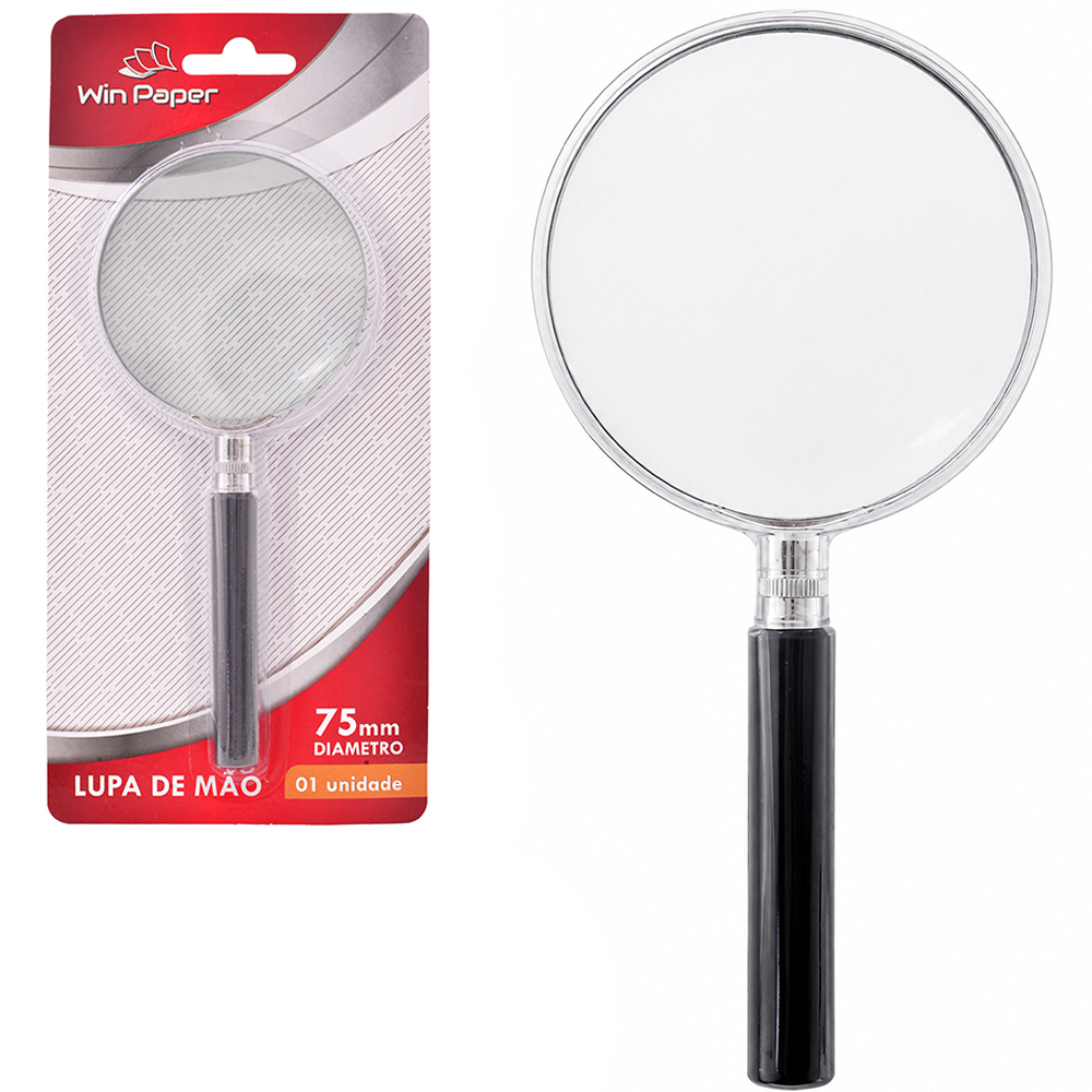 LUPA DE MAO COM LENTE DE VIDRO E ARO DE METAL 75MM WIN PAPER