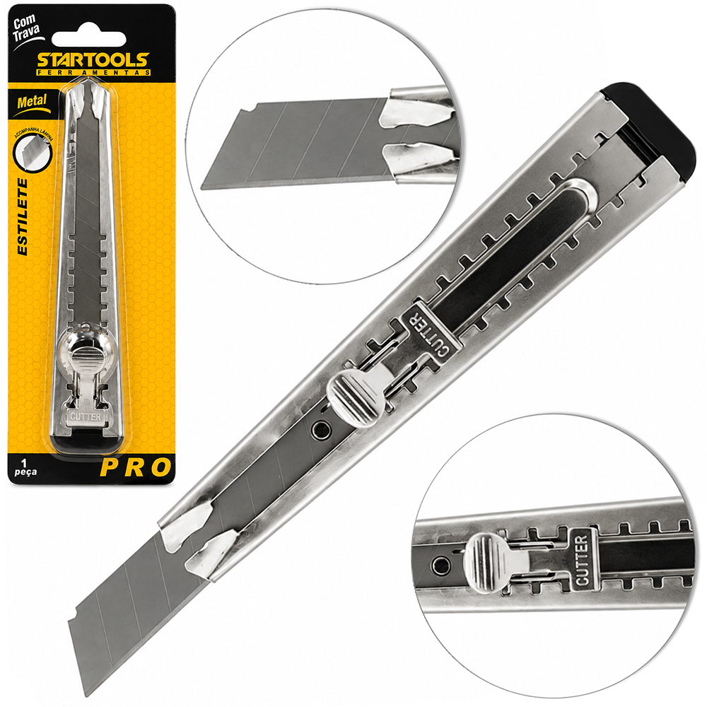 ESTILETE LAMINA LARGA 18MM DE METAL COM TRILHO PRO 15,5CM