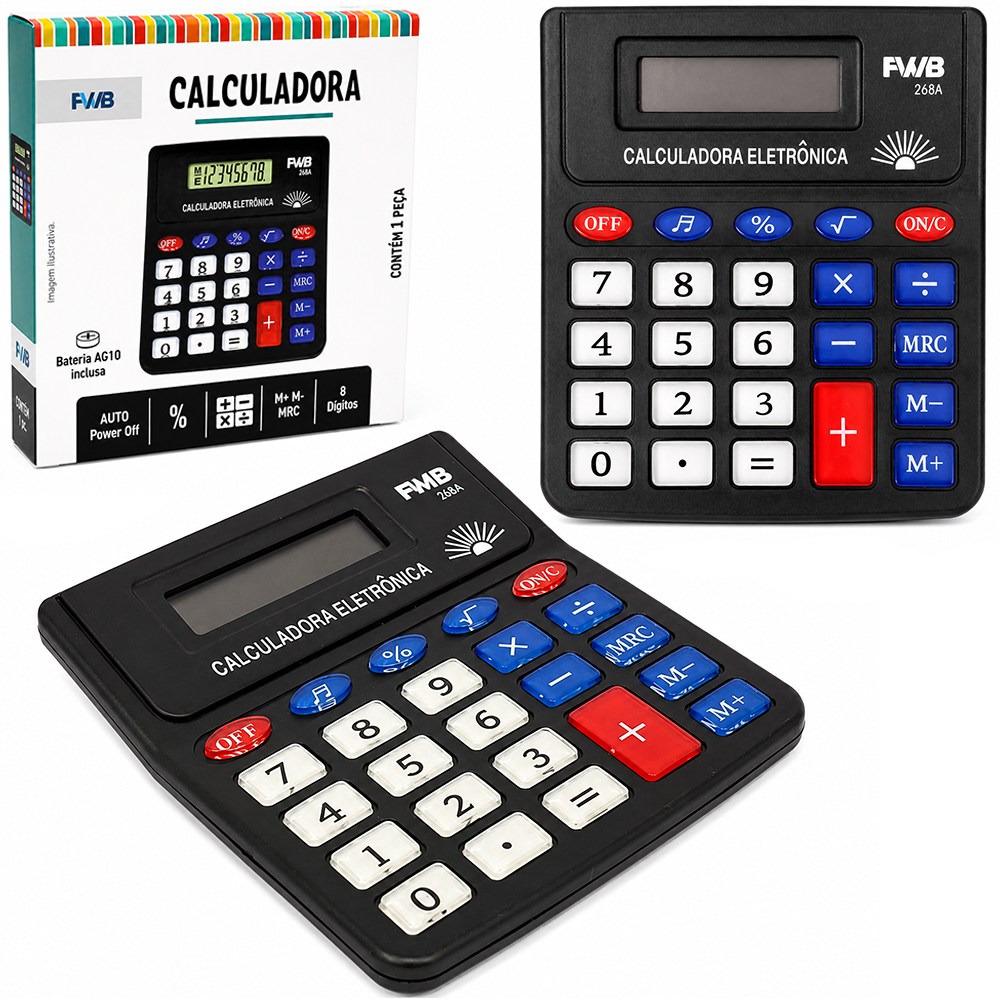 CALCULADORA ELETRONICA 8 DIGITOS BOTAO DE ACRILICO COM SOM A BATERIA 12,5X11,5CM 