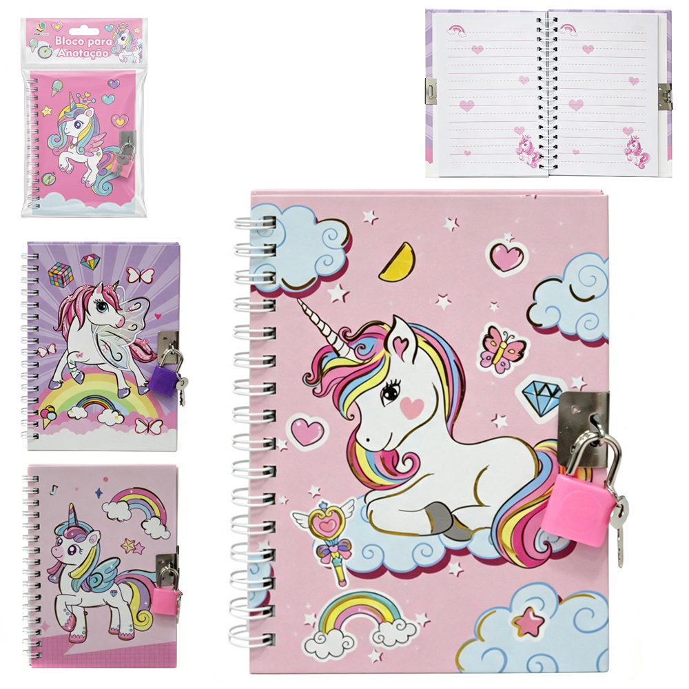CADERNETA / BLOCO DE ANOTACAO ESPIRAL UNICORNIO COM CADEADO 48 FOLHAS 14,5X11CM
