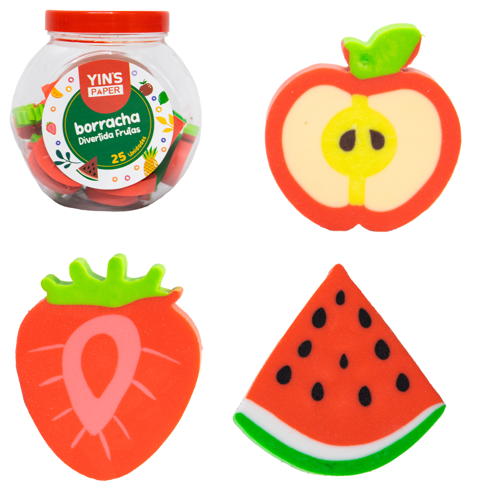 BORRACHA ESCOLAR FRUTAS YINS PAPER COM 25 PECAS NO POTE BALEIRO DE PLASTICO COM TAMPA