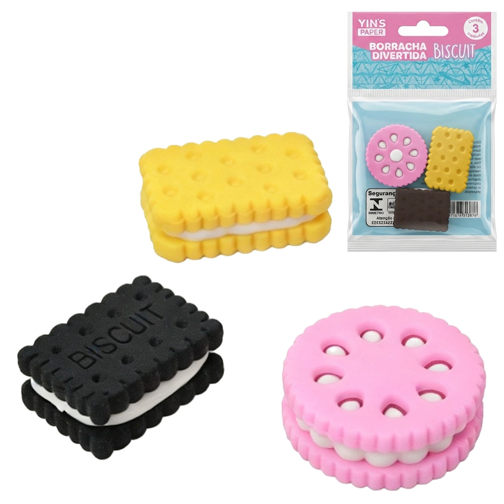 BORRACHA ESCOLAR DIVERTIDA BISCUIT YINS PAPER COM 3 PECAS