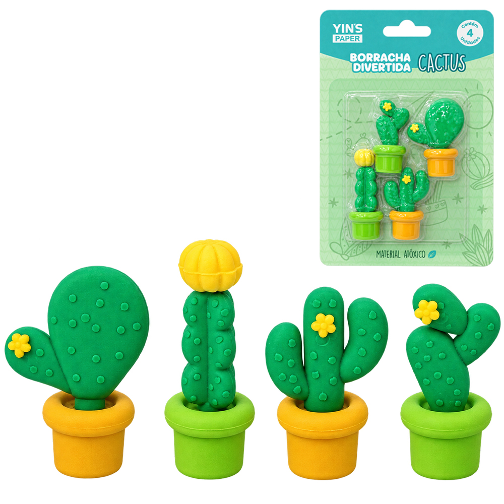 BORRACHA ESCOLAR DIVERTIDA CACTUS YINS PAPER COM 4 PECAS