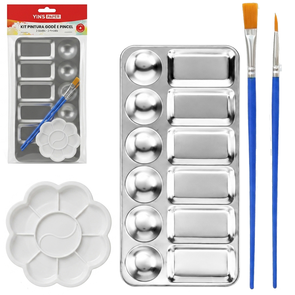 KIT BANDEJA PALETA GODE PARA PINTURA COM 12 DIVISORIAS + PINCEL 4 PECAS YINS PAPER 23X11CM