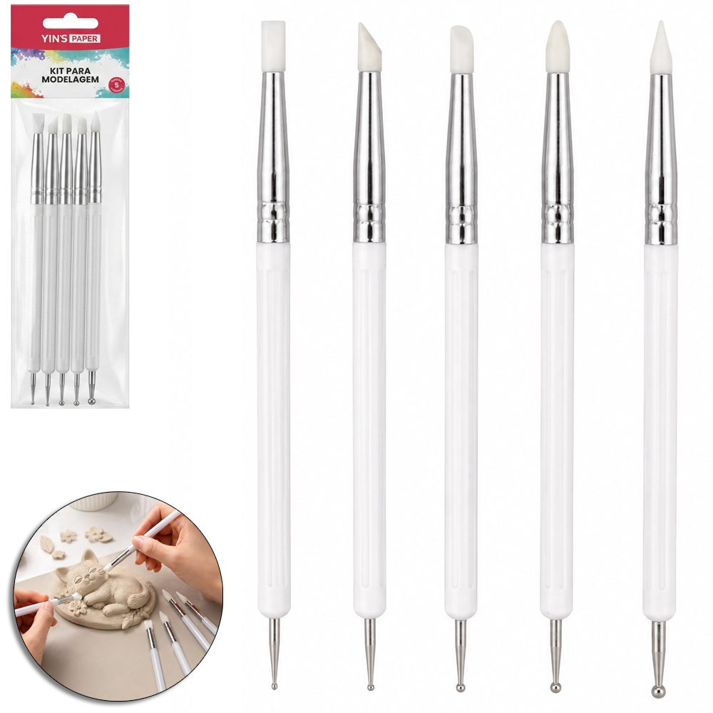 KIT ESTECAS PARA MODELAGEM DE SILICONE COM PONTA DE METAL 5 PECAS YINS PAPER 15,5CM