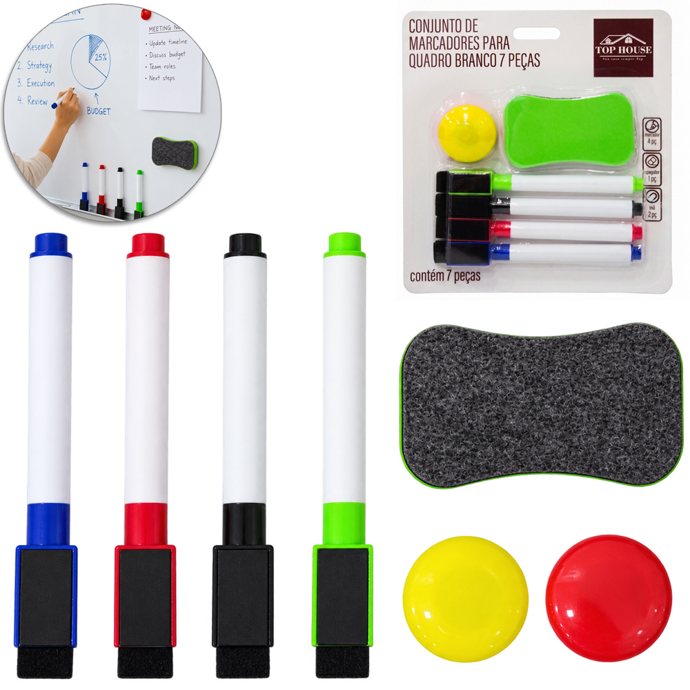 MARCADOR AZUL / VERDE / VERMELHO / PRETO + APAGADOR E IMA PARA QUADRO BRANCO 7 PECAS